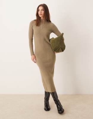 Mango - Midi-Strickkleid in Beige mit Reißverschluss am Kragen-Braun