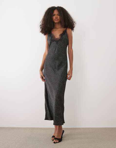 Mango – Midi-Trägerkleid in Schwarz mit Spitzenborte und weißen Polka Dots - view 1