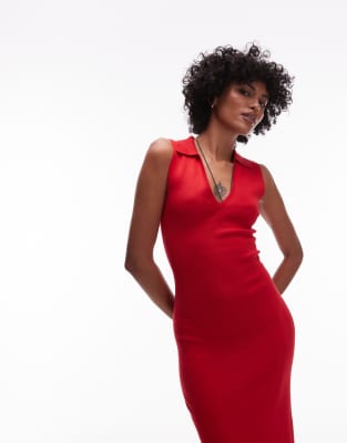 Mango - Midikleid aus Kompaktstrick in Rot mit U-Ausschnitt
