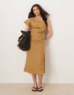 Mango - Midikleid aus reinem Leinen in Sand mit One-Shoulder-Träger und geraffter Taille-Neutral