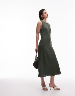 Mango - Midikleid aus Satin in Olivgrün
