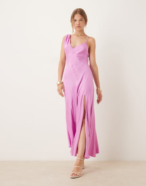 Mango – Midikleid aus Satin in Rosa mit One-Shoulder-Träger und seitlichem Schlitz - view 1