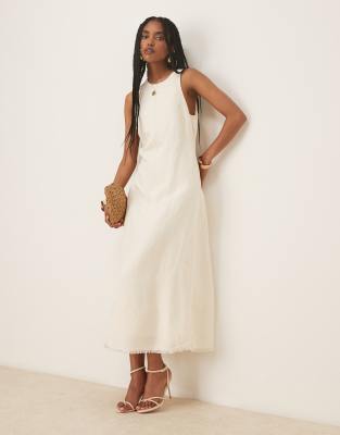 Mango - Midikleid aus strukturiertem Leinenmix in Creme mit unverarbeitetem Saum-Weiß
