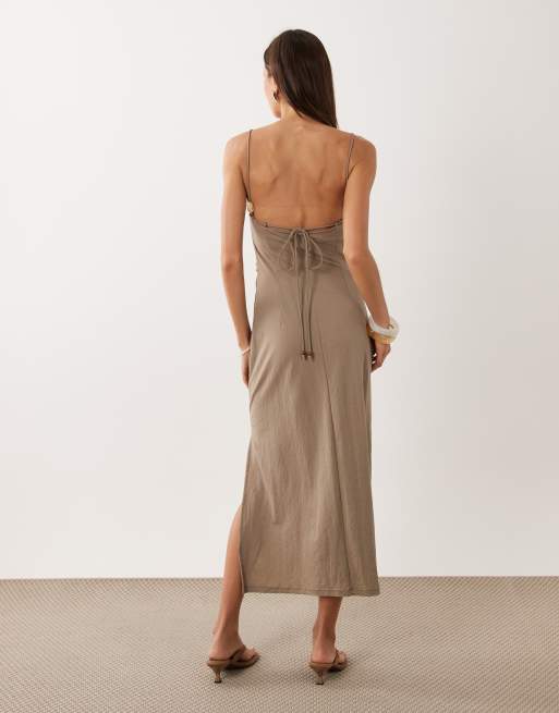 Mango – Midikleid in Beige mit eckigem Ausschnitt und Saumschlitz, 4 von 4