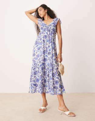 Mango - Midikleid in Blau mit Pflanzenprint und Rüschenärmeln