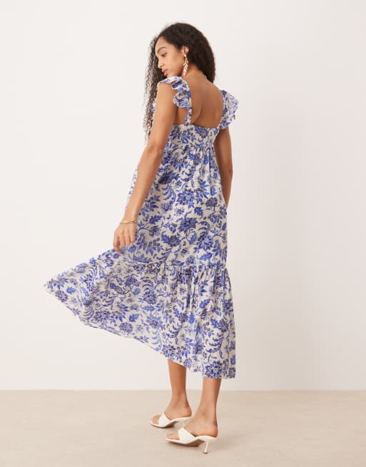 Mango – Midikleid in Blau mit Pflanzenprint und Rüschenärmeln, 4 von 4