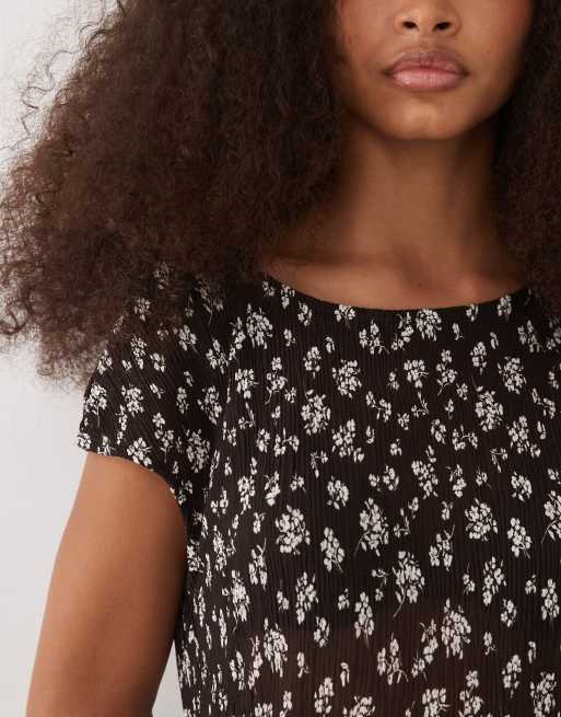 Mango – Midikleid in Braun geblümt mit Flügelärmeln und Knitterstruktur, 3 von 4