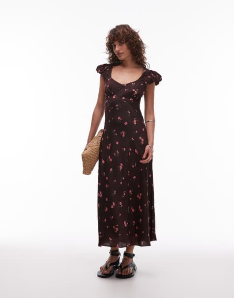 Mango – Midikleid in Braun mit Blumenmuster und U-Ausschnitt - view 1