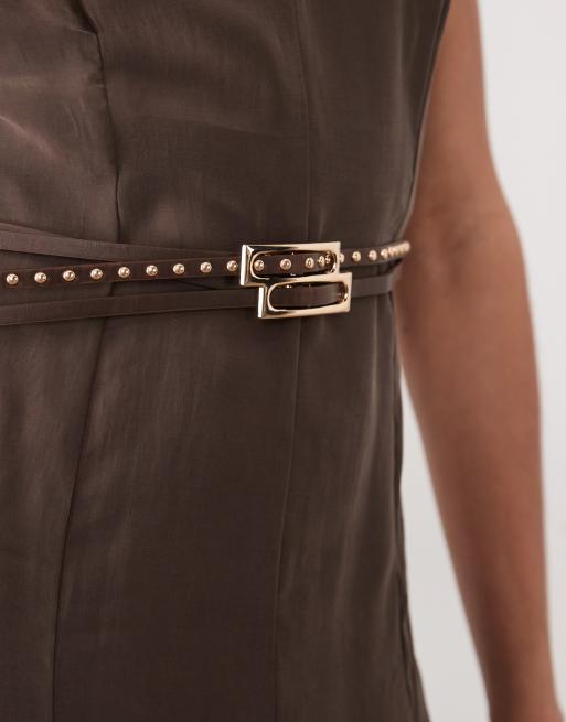 Mango – Midikleid in Braun mit V-Ausschnitt und Gürtel, 3 von 4