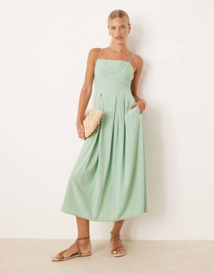 Mango - Midikleid in Grün mit gesmoktem Oberteil