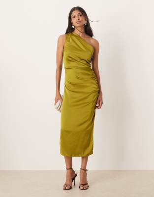 Mango - Midikleid in Grün mit One-Shoulder-Träger und seitlicher Raffung