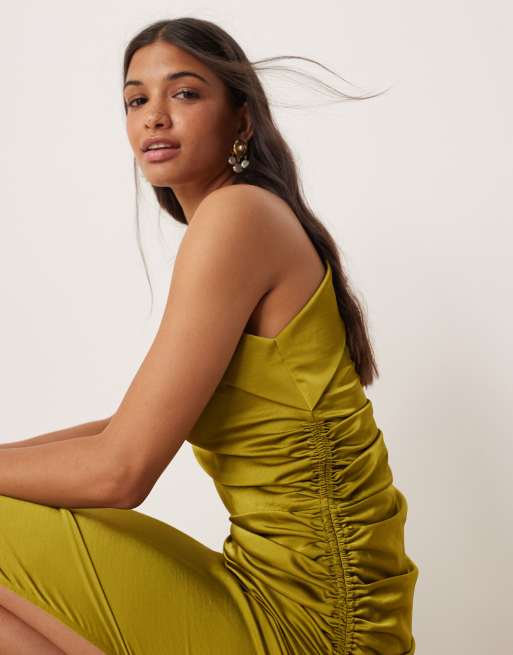 Mango – Midikleid in Grün mit One-Shoulder-Träger und seitlicher Raffung, 2 von 4