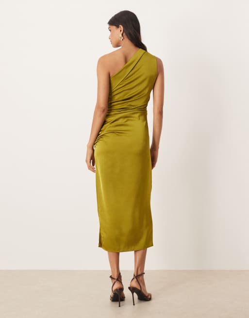 Mango – Midikleid in Grün mit One-Shoulder-Träger und seitlicher Raffung, 3 von 4