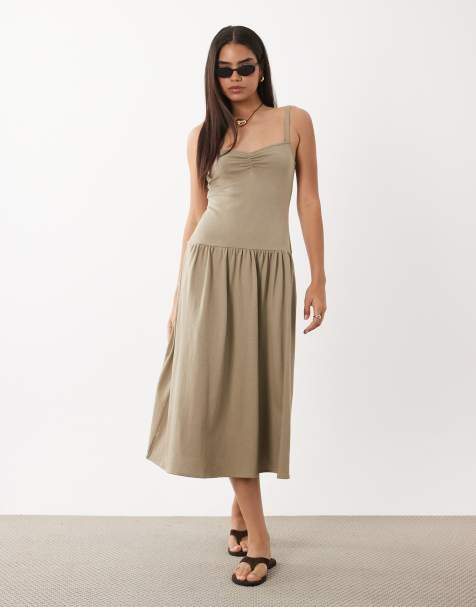 Mango – Midikleid in Hellgrün mit hohem Baumwollanteil und tiefer Taille - view 1