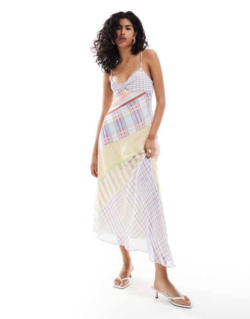 Mango – Midikleid in Lila mit gemischtem Karoprint