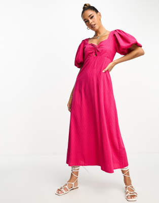 Mango - Midikleid in Rosa mit Zierknoten vorne und Puffärmeln