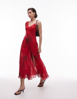 Mango - Midikleid in Rot mit Blumenmuster in verschwommener Optik und One-Shoulder-Träger