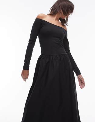 Mango - Midikleid in Schwarz mit Carmen-Ausschnitt und tief sitzender Taille