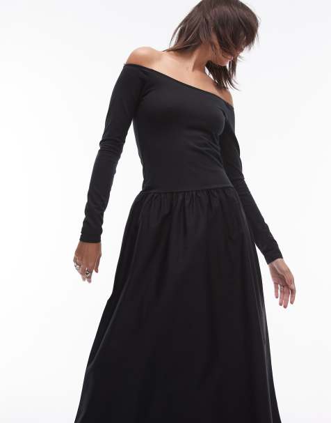 Mango – Midikleid in Schwarz mit Carmen-Ausschnitt und tief sitzender Taille - view 1
