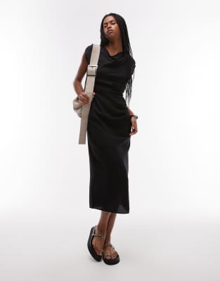 Mango - Midikleid in Schwarz mit Kappärmeln und geraffter Seite