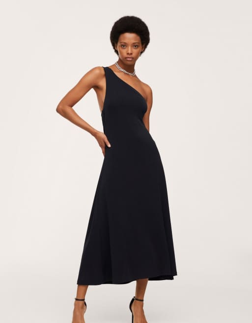 Mango – Midikleid in Schwarz mit One-Shoulder-Träger und Zierausschnitt