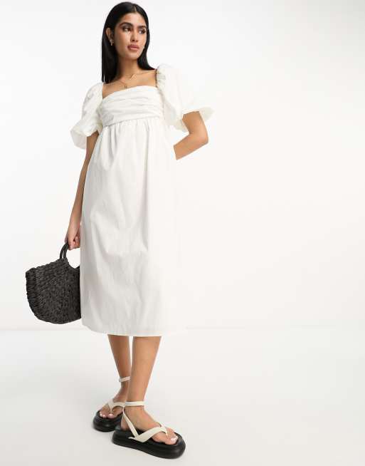 Mango – Midikleid in Weiß mit eckigem Ausschnitt und Puffärmeln