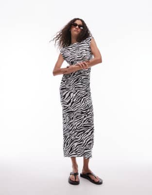 Mango - Midikleid in Weiß mit Zebramuster und Kappärmeln