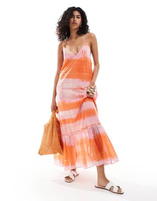 Mango - Midikleid mit Camisole-Trägern und verwaschenem Druck in Rosa und Orange