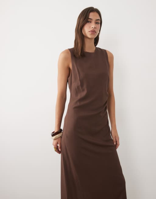 Mango Midikleid mit Raffungen an der Seite, ärmellos, in Braun, 4 von 4