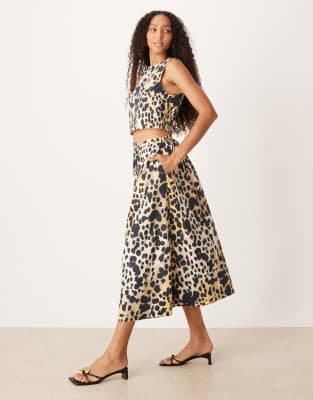 Mango - Midirock in A-Linie mit Leopardenmuster, Kombiteil-Braun