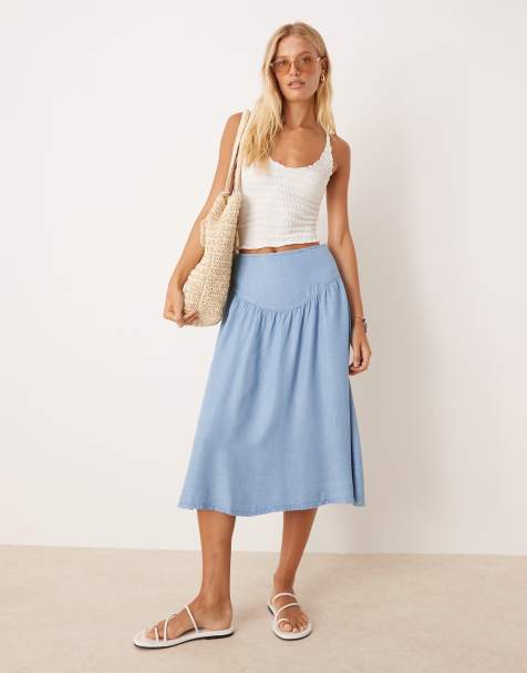 Mango – Midirock in Himmelblau mit tiefer Taille und gesmoktem Design - view 1