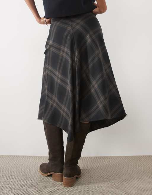 Mango Midirock mit asymmetrischem Saum in Grau und Marineblau kariert, 4 von 5