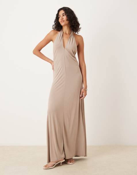 Mango – Miękka sukienka maxi z dekoltem halter w naturalnym kolorze - view 1