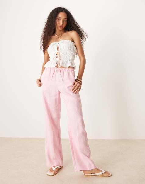 Mango pull on soft touch linen trouser in pink
