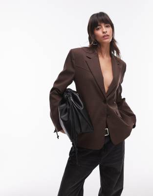 Mango Mini Check Blazer In Dark Brown In Brown