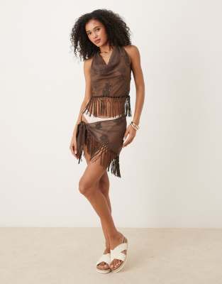 Mango - Mini-jupe d'ensemble asymétrique à pampilles et liens sur le côté - Chocolat-Marron