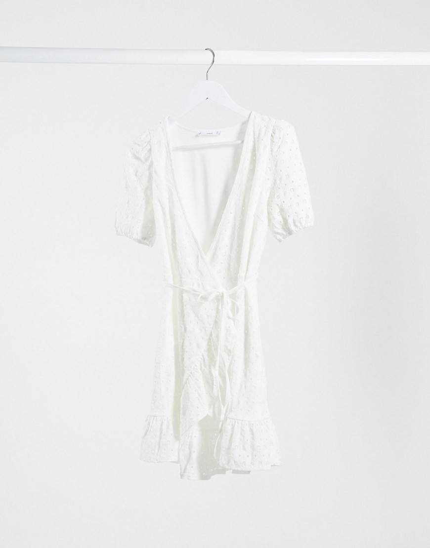 Mango - Mini-jurk met overslag en broderie in wit
