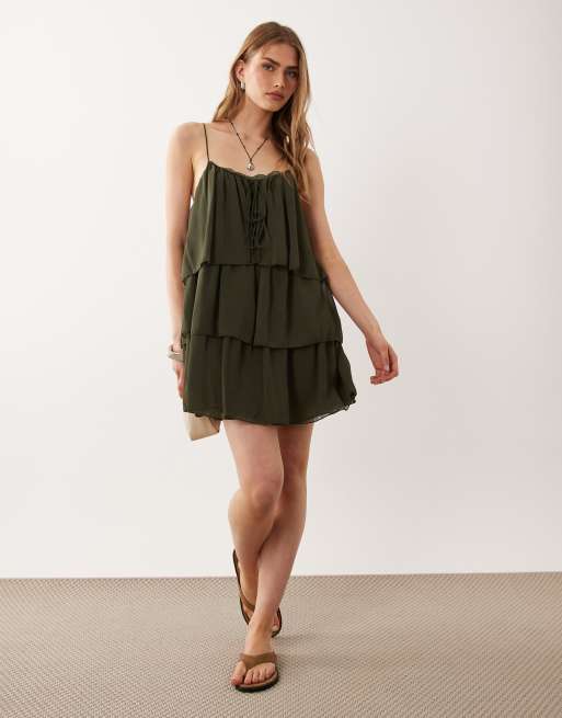 Mango - Mini-jurk met ruches in kaki, 2 van 4