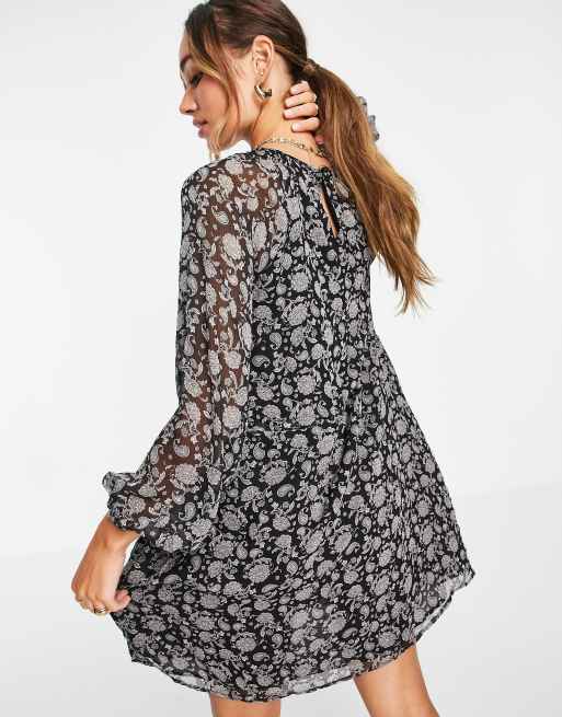 Mango Mini jurk chiffon met tailleband en bloemen |