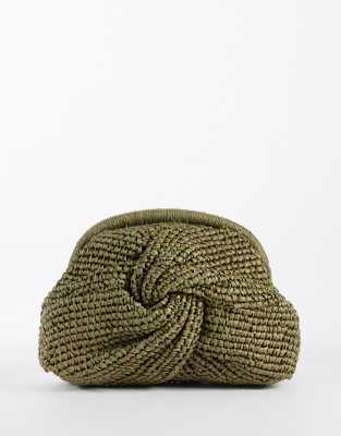 Mango Mini Raffia Knot Detail Clutch Bag With Detatchable Chain In Green