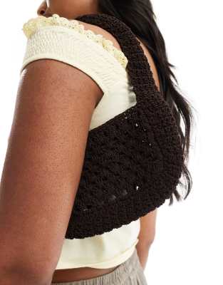 Mango mini shoulder crochet bag in dark brown