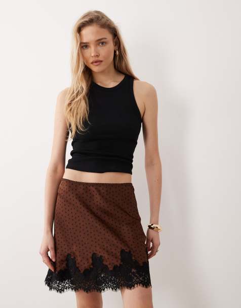 Mango mini skirt with lace trim in brown and black polka dot