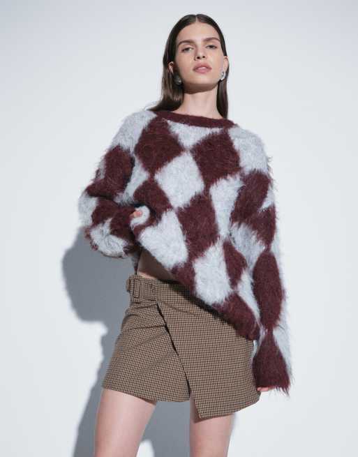 Mango mini spódnica w brązową kratę z detalem klamry, 2 z 5