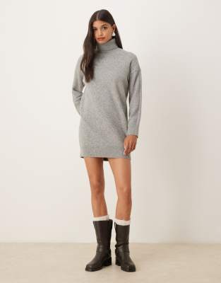 Mango - Mini-Strickkleid in Hellgrau mit Rollkragen