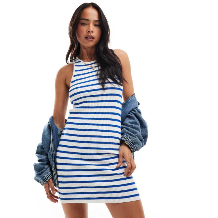 Mango mini stripe jersey dress in white and blue