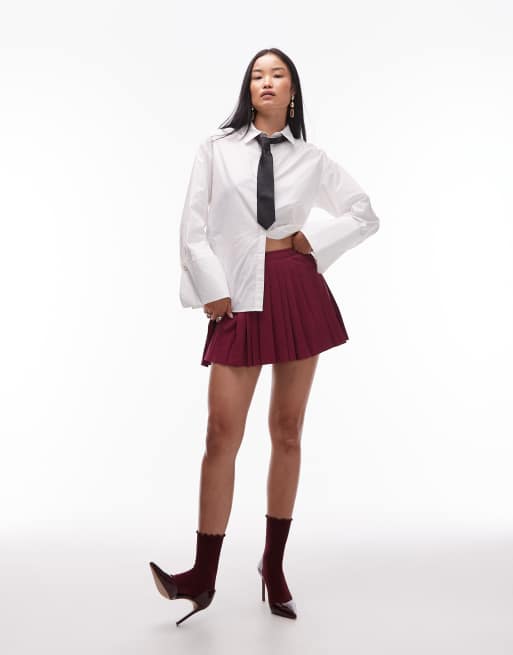 Mango - Minigonna sartoriale a pieghe bordeaux con vita regolabile, 4 di 5