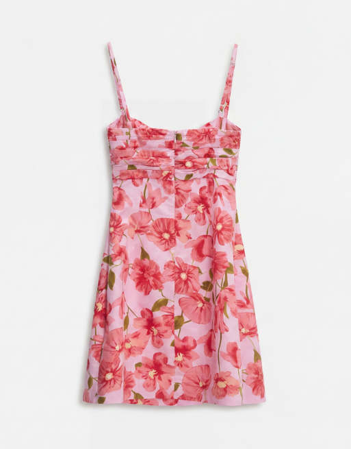 Mango – Minikleid aus 100% Baumwolle mit Blumenmuster in leuchtendem Rosa und Bindedetail vorne, 6 von 8