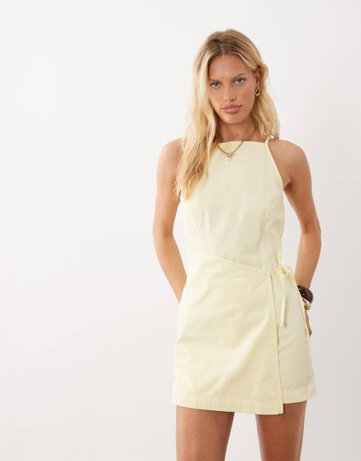 Mango Minikleid mit Bindegürtel in Pastellgelb, 2 von 4