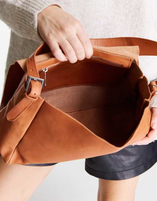 Mango minimal leather shoulder bag in light brown