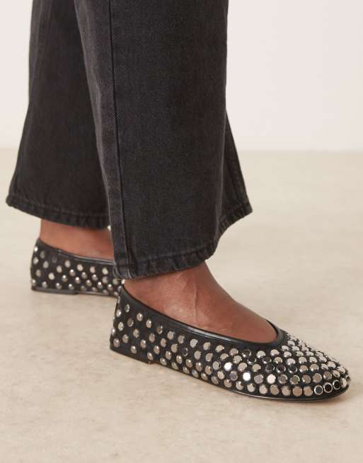 Mango mirrored stud detailing ballet flats in black, 4 of 4